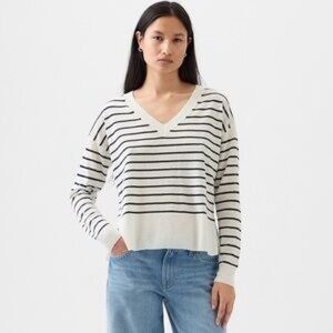 Gap linen blend V-Neck thin Sweater Top Black and White stripes split hem S